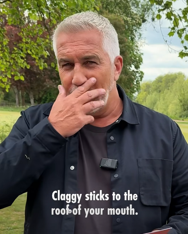 Person outdoors playfully covering mouth, wearing a dark jacket, with text: &quot;Claggy sticks to the roof of your mouth.&quot;