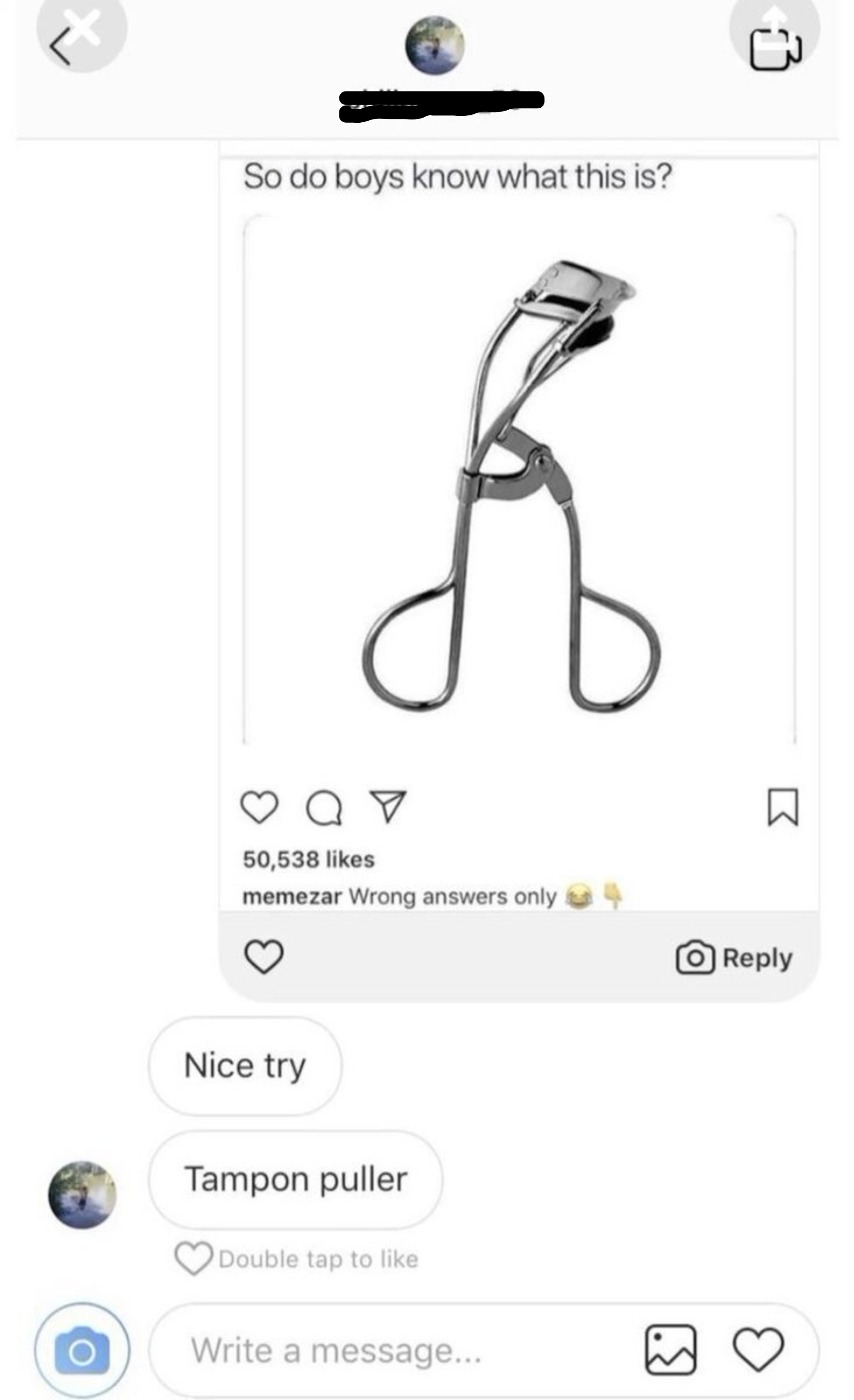 Screenshot of a societal  media station  showing an eyelash curler with comments jokingly misidentifying it arsenic  a tampon puller
