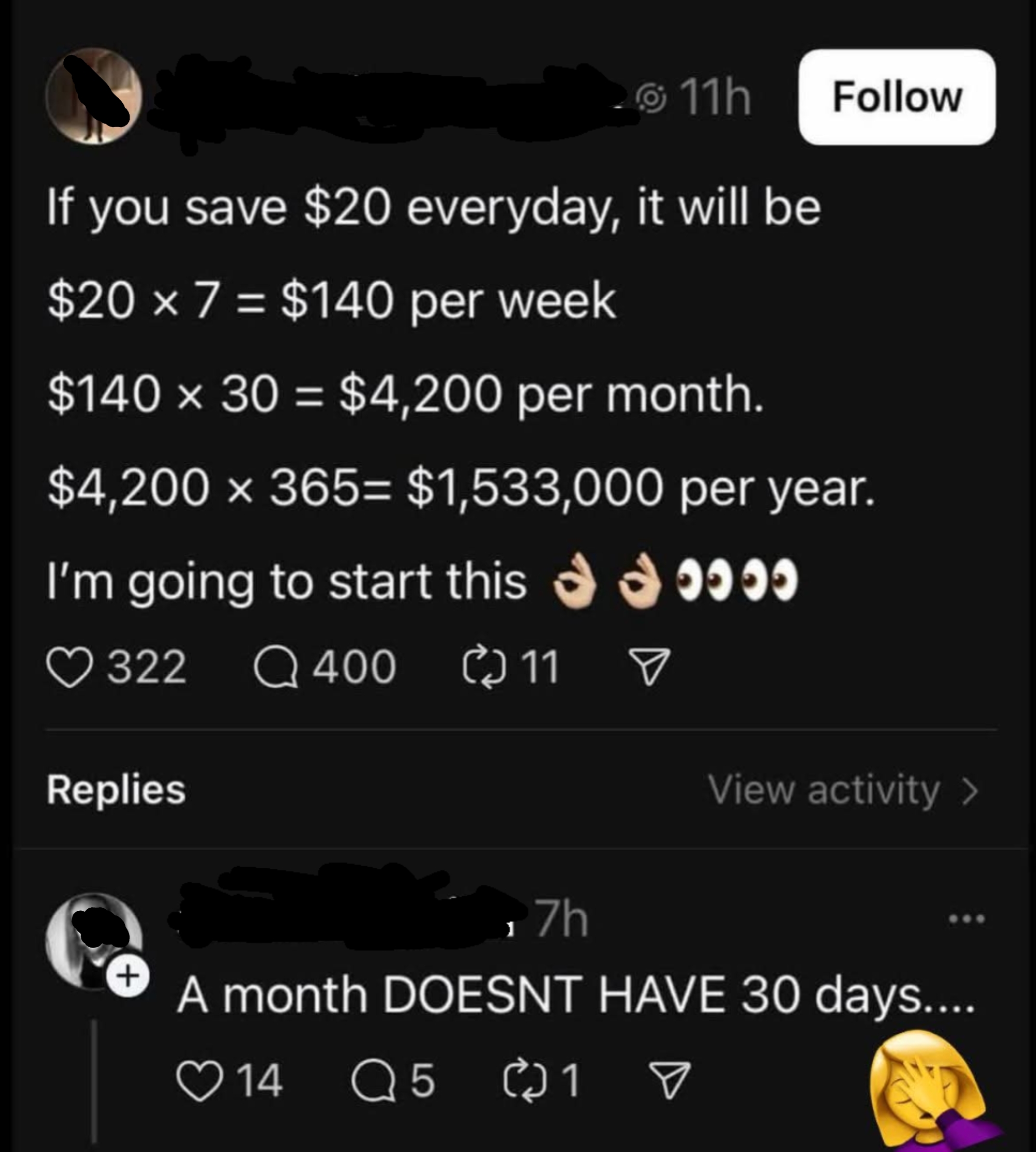 Social media station  jokingly calculating $20 savings arsenic  $1,533,000 per year, corrected by a remark  noting a month's magnitude   error