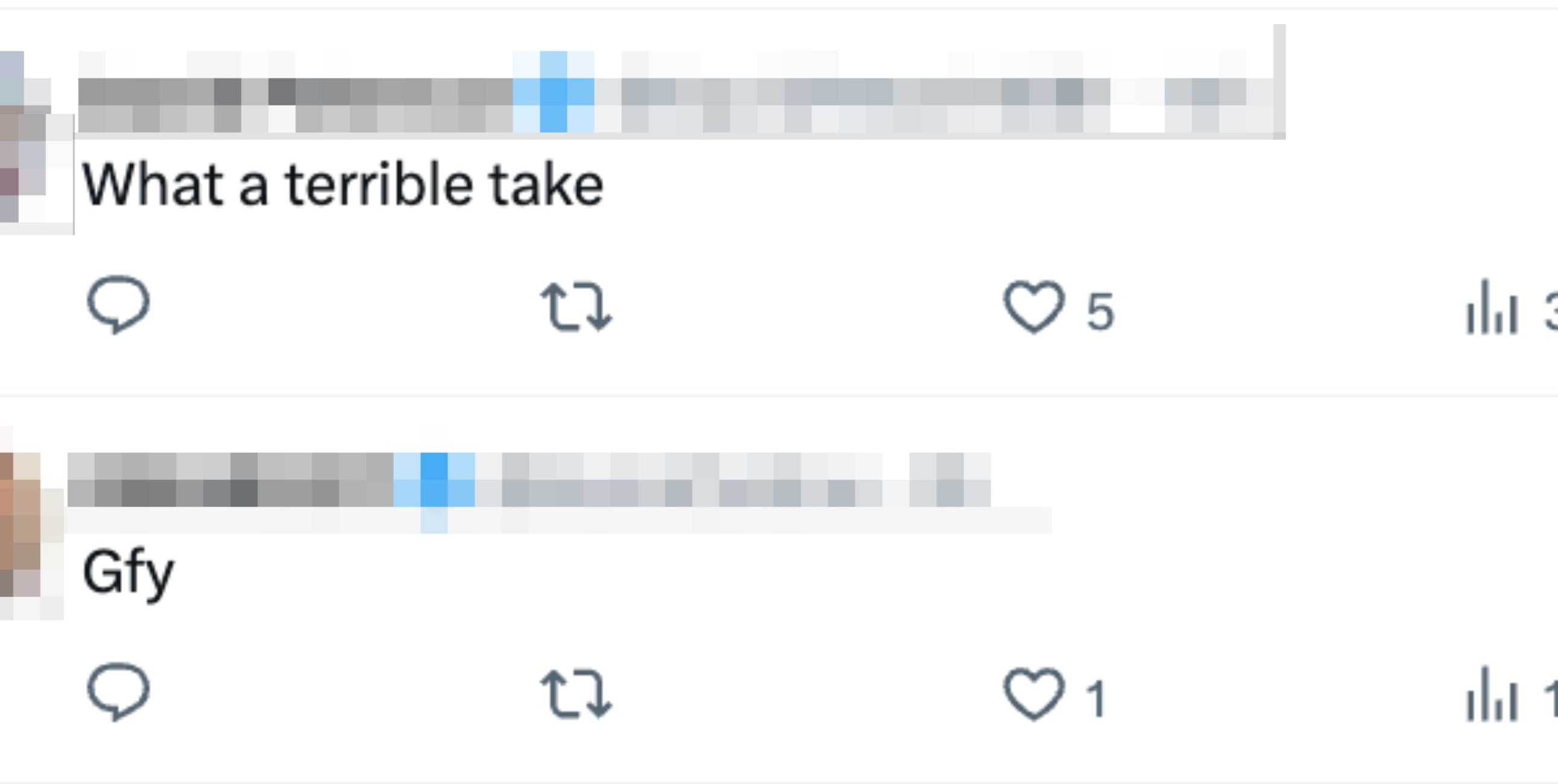 Screenshot of tweets: David Peterson critiques a post as a "terrible take." IRKAROOT replies with "Gfy."