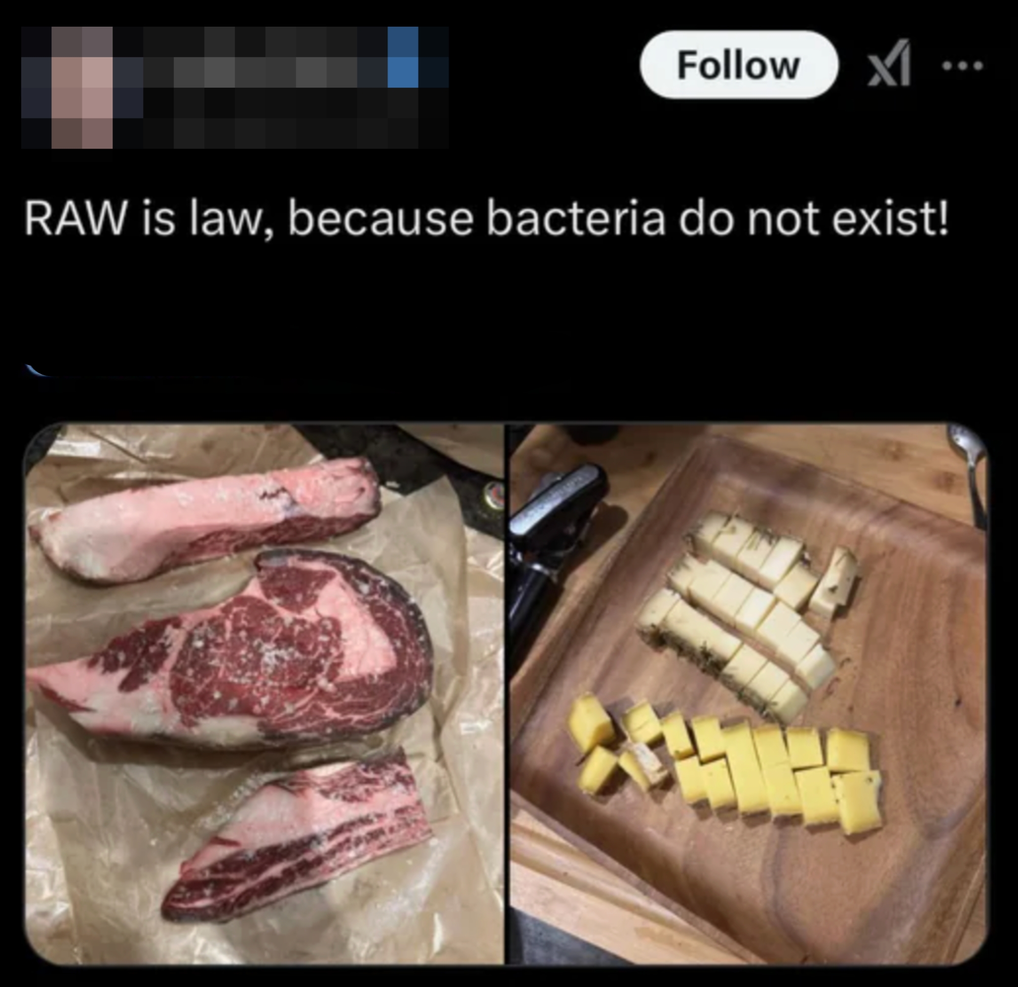 Tweet with a photograph  of earthy   nutrient   and cubed cheese, substance   humorously suggests bacteria don't exist