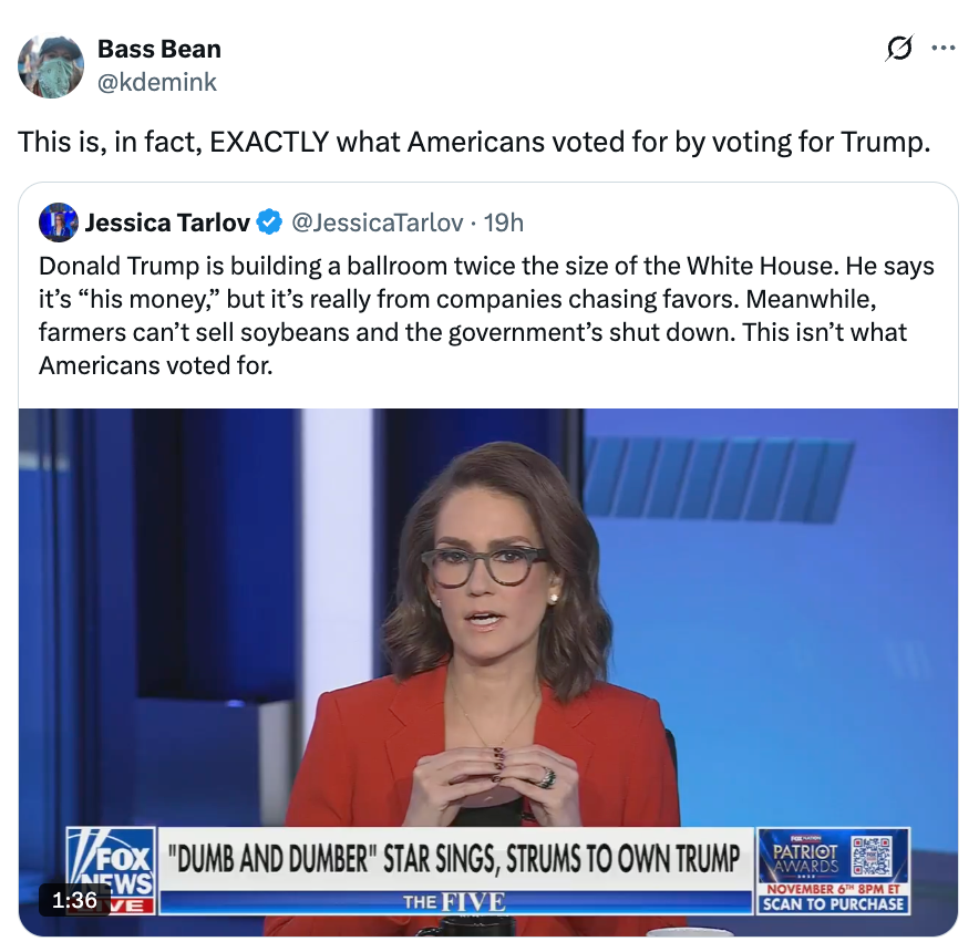 Screenshot of a news segment with Jessica Tarlov discussing Donald Trump's construction projects and their impact on farmers