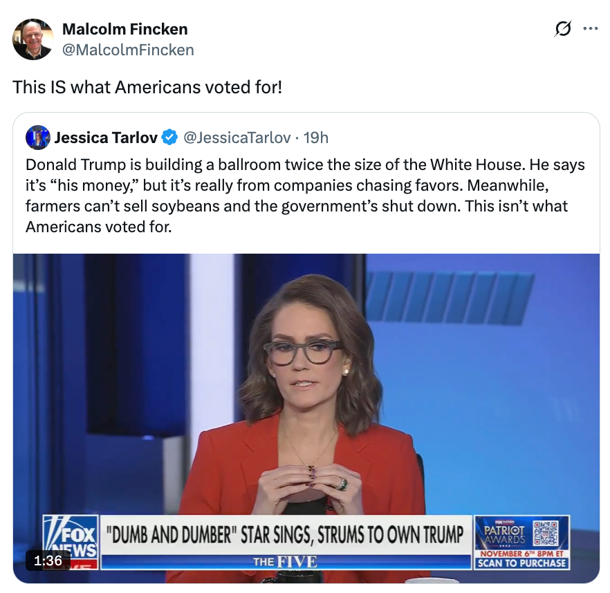 A person on a news show discusses a headline about Donald Trump building a ballroom. Caption below reads, "'Dumb and Dumber' Star Sings, Strums to Own Trump."