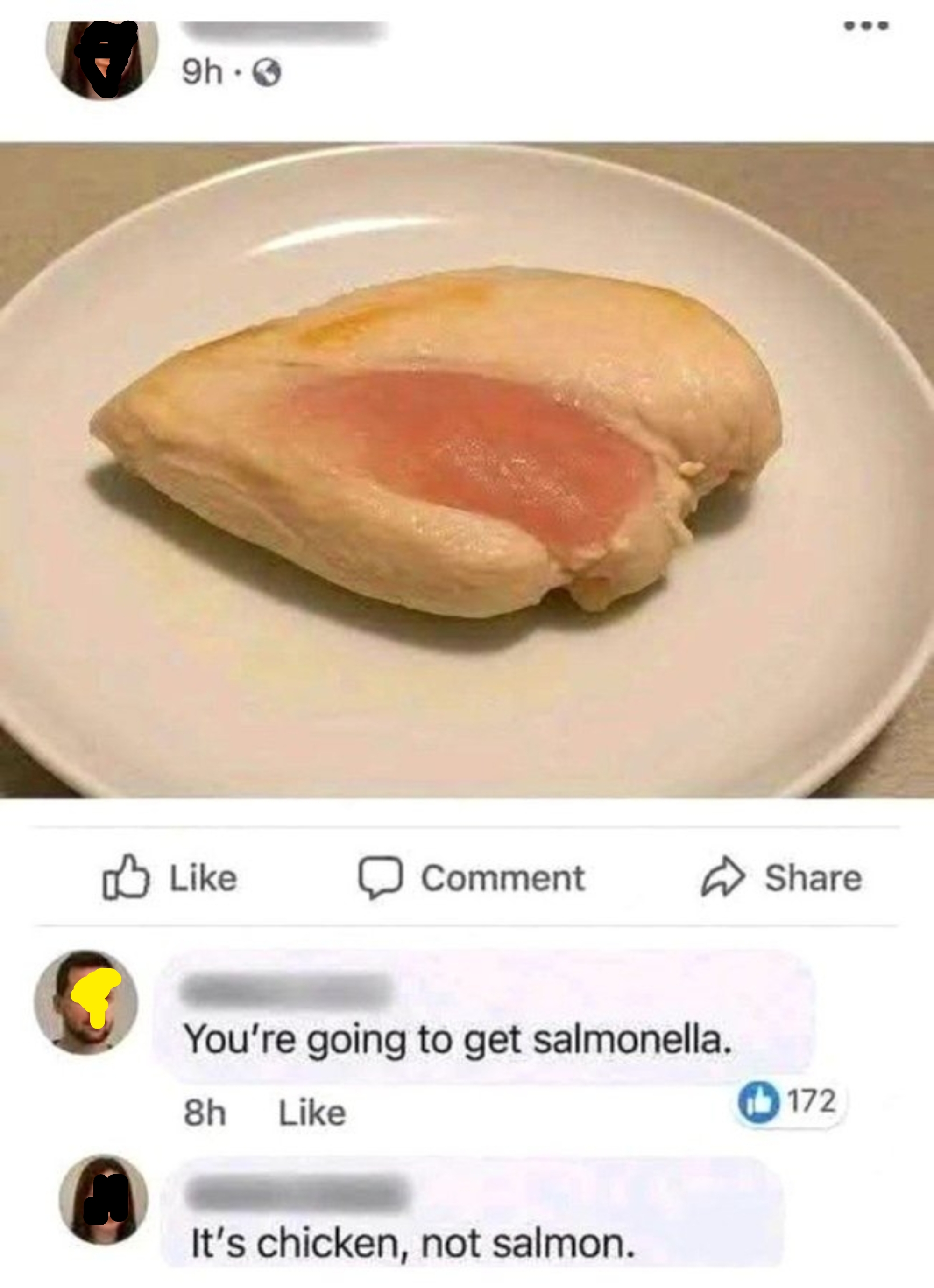 Raw chickenhearted  bosom  connected  plate; remark  humorously warns astir  salmonella, mistaking "salmonella" for "salmon."