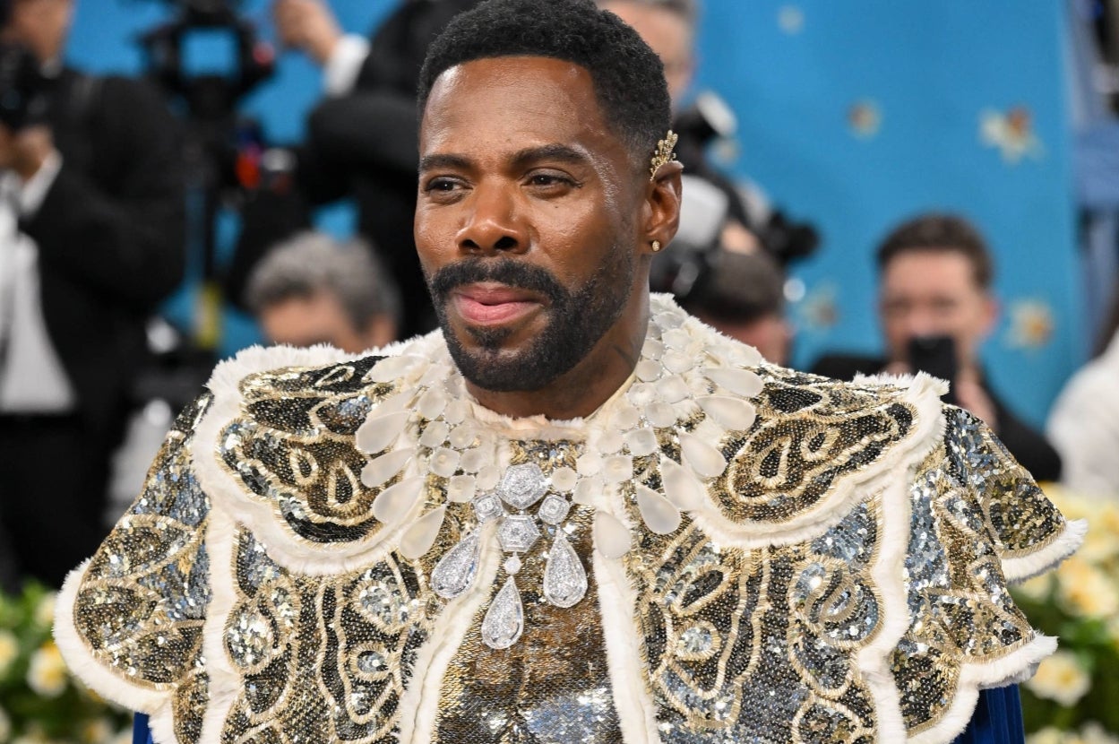 Person in ornate, jeweled attire with detailed embroidery stands at a formal event, wearing an ear cuff. People and cameras are visible in the background
