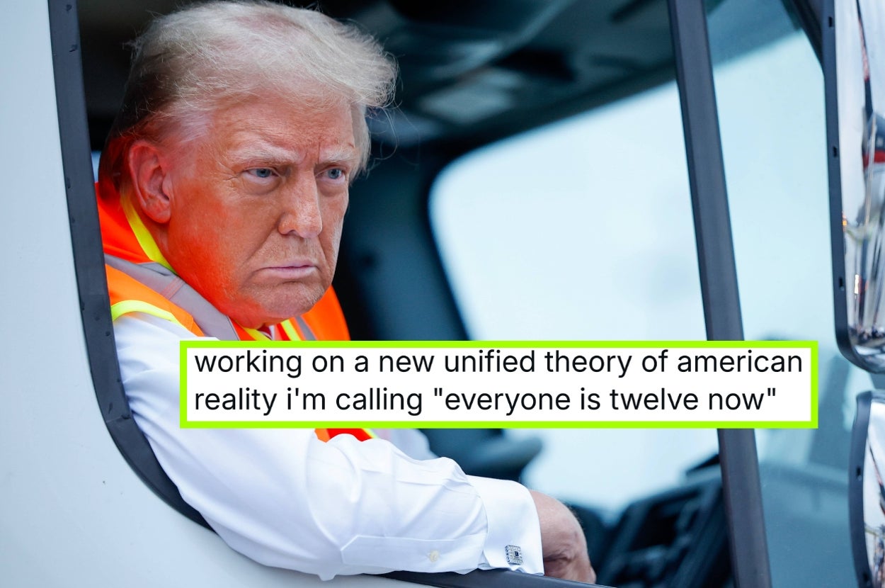 Person in a truck wearing an orange safety vest. Caption reads: "working on a new unified theory of American reality I'm calling 'everyone is twelve now.'"
