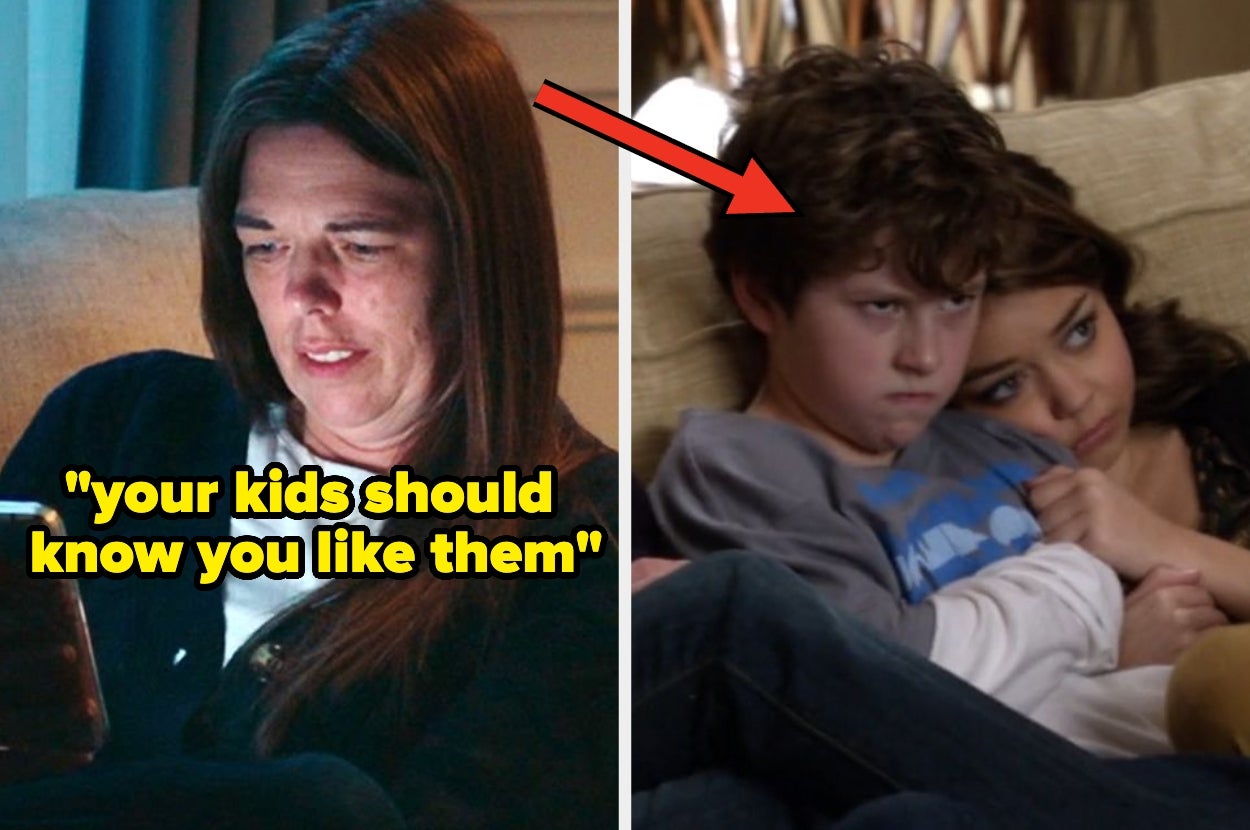 Woman focused on phone next to TV screenshot of kids cuddling on a couch, one looking annoyed. Text: "your kids should know you like them."