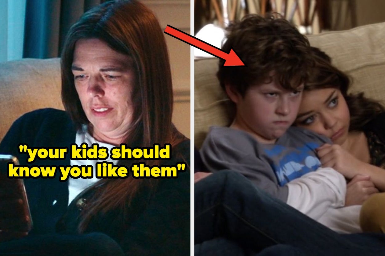 Woman focused on phone next to TV screenshot of kids cuddling on a couch, one looking annoyed. Text: "your kids should know you like them."