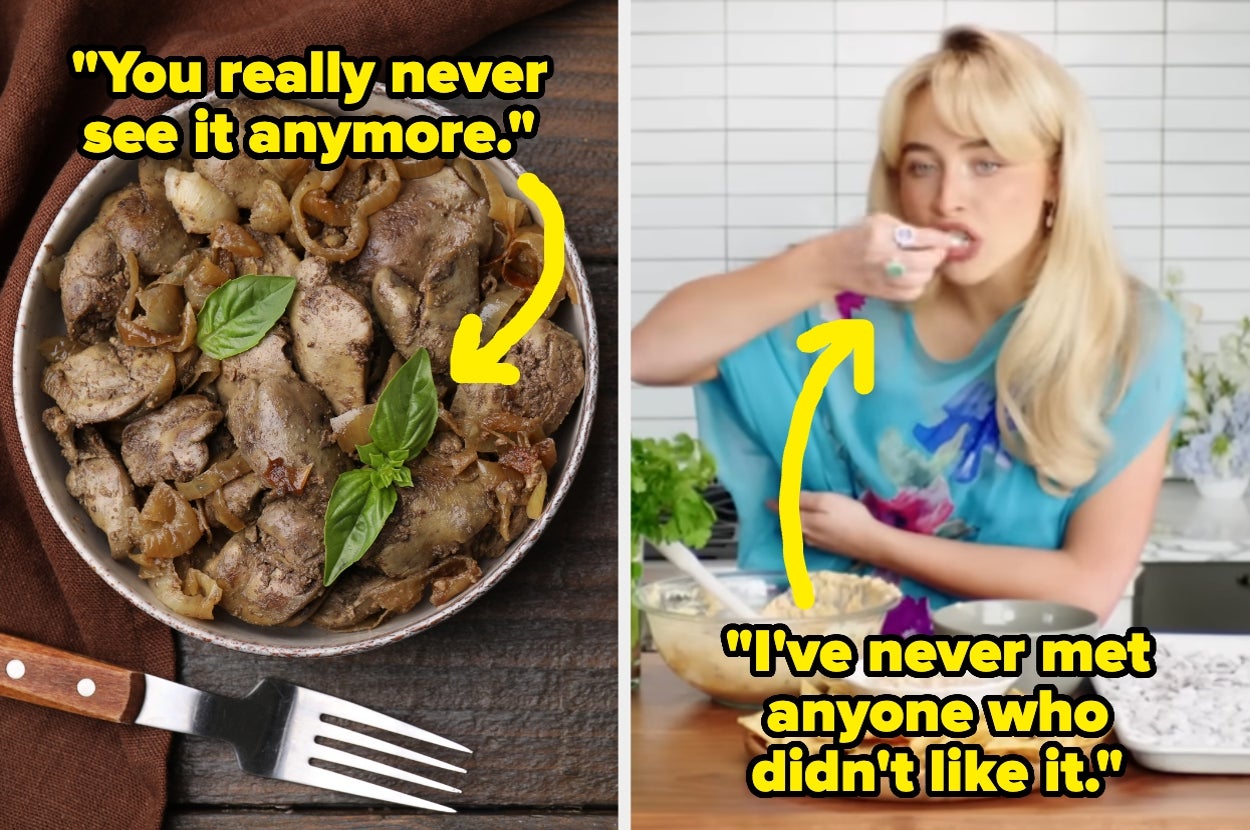 Bowl of cooked liver with onions and basil; person eating with a quote, "I've never met anyone who didn't like it."