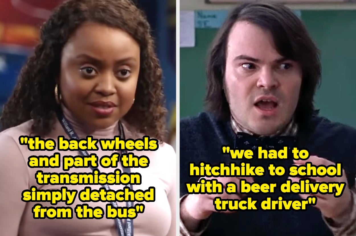 Two people with humorous quotes. Left: “the back wheels and part of the transmission simply detached from the bus.” Right: “we had to hitchhike to school...”