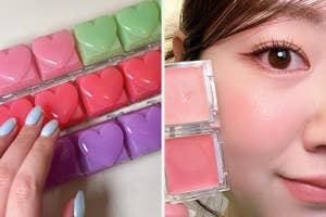 ハート形のケースが2列に並ぶ。ピンク、緑、紫。人が手で触れている。