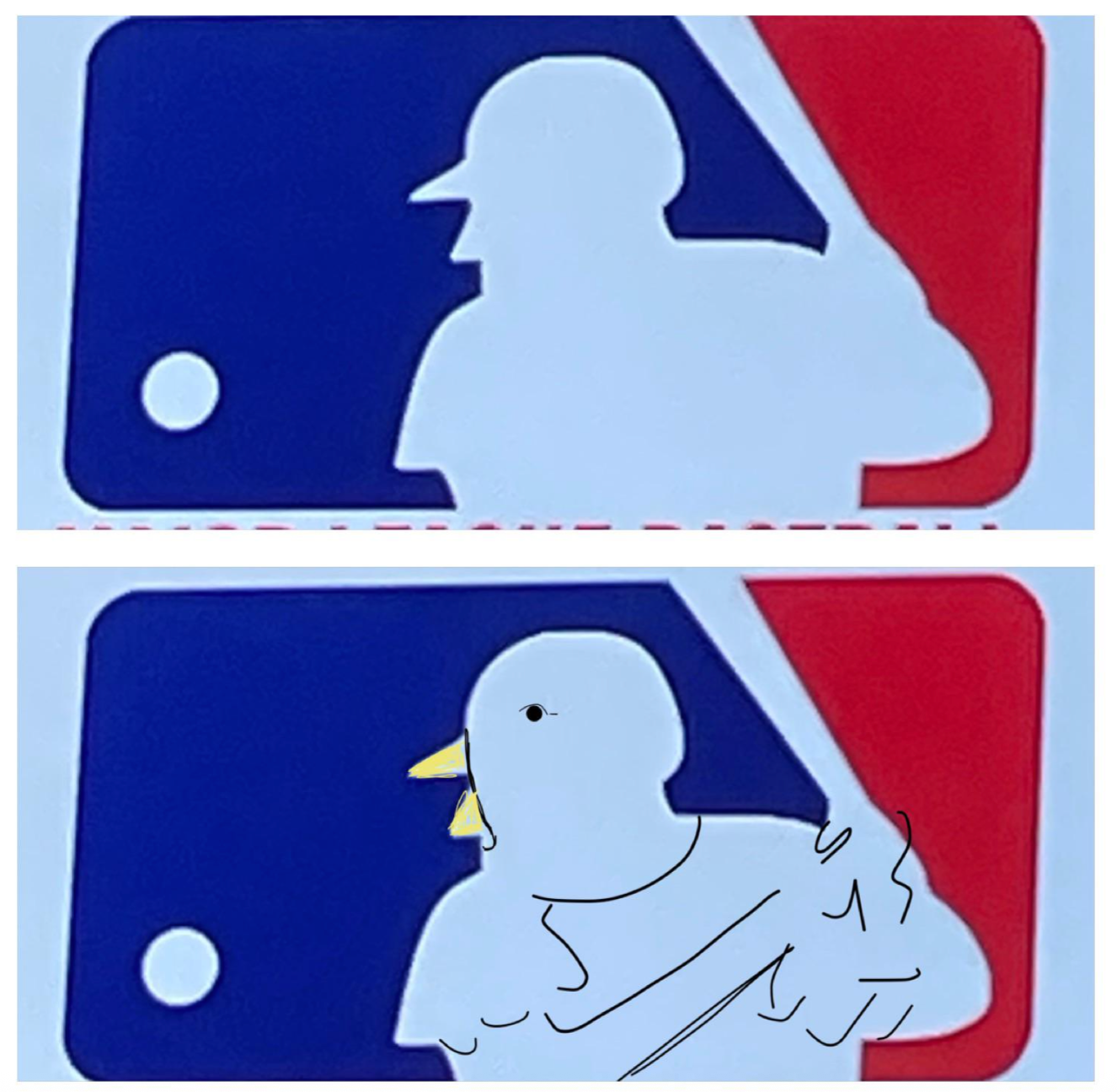 A logo parody replaces the shot   subordinate    with a vertebrate  holding a bat, mimicking the archetypal   Major League Baseball logo design