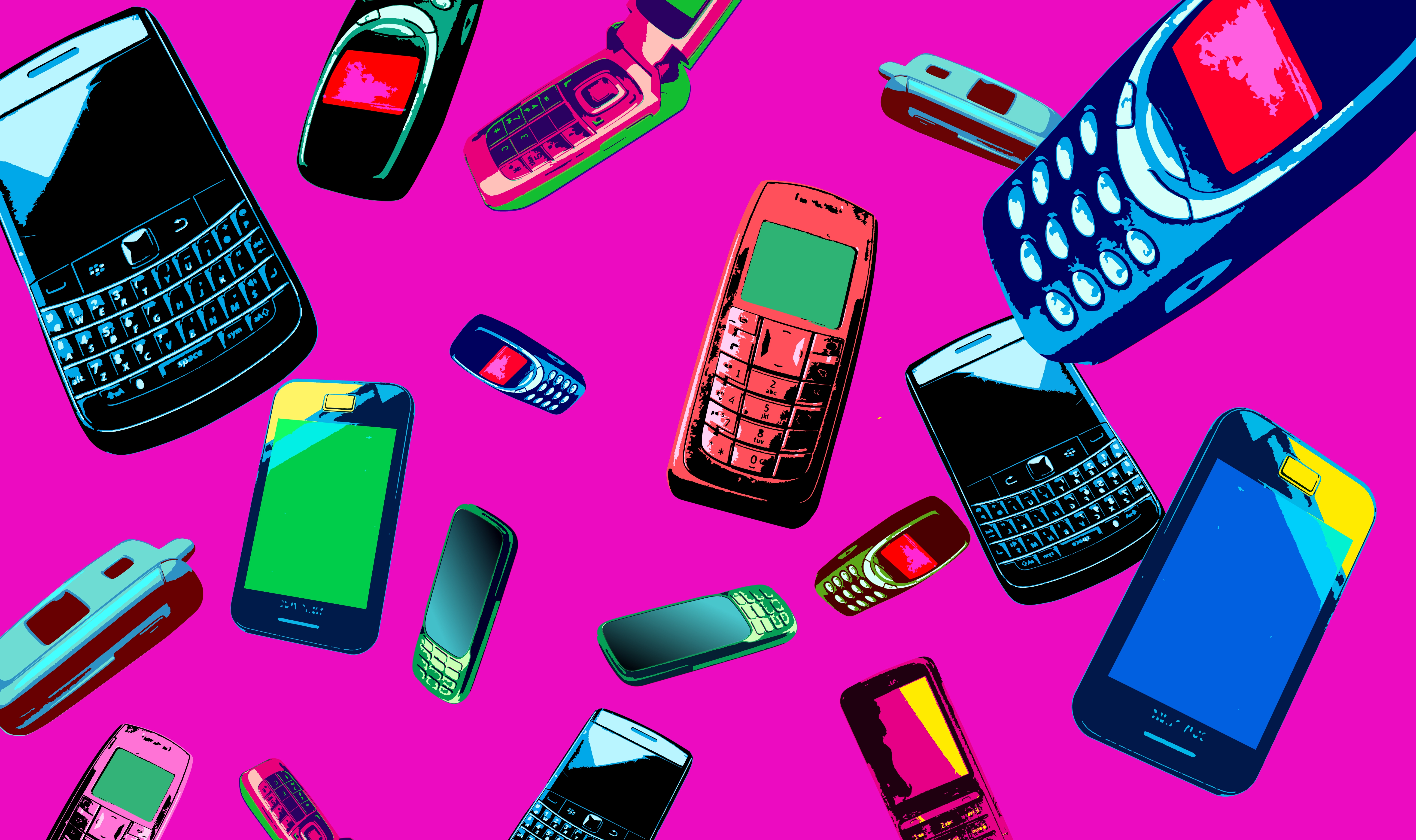 Pop art-illustrasjon med forskjellige klassiske mobiltelefoner som flyter mot en levende bakgrunn