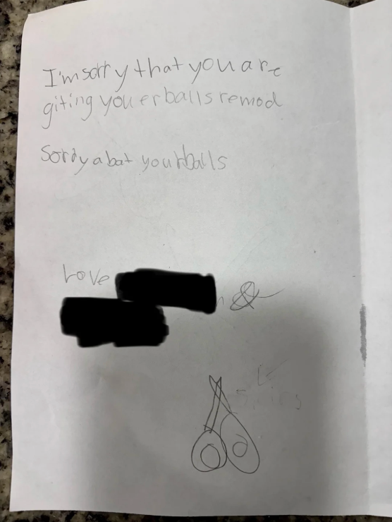 Handwritten paper  with a humorous apology astir  surgery, mentioning "balls." It includes scribbles and a drafting  of scissors