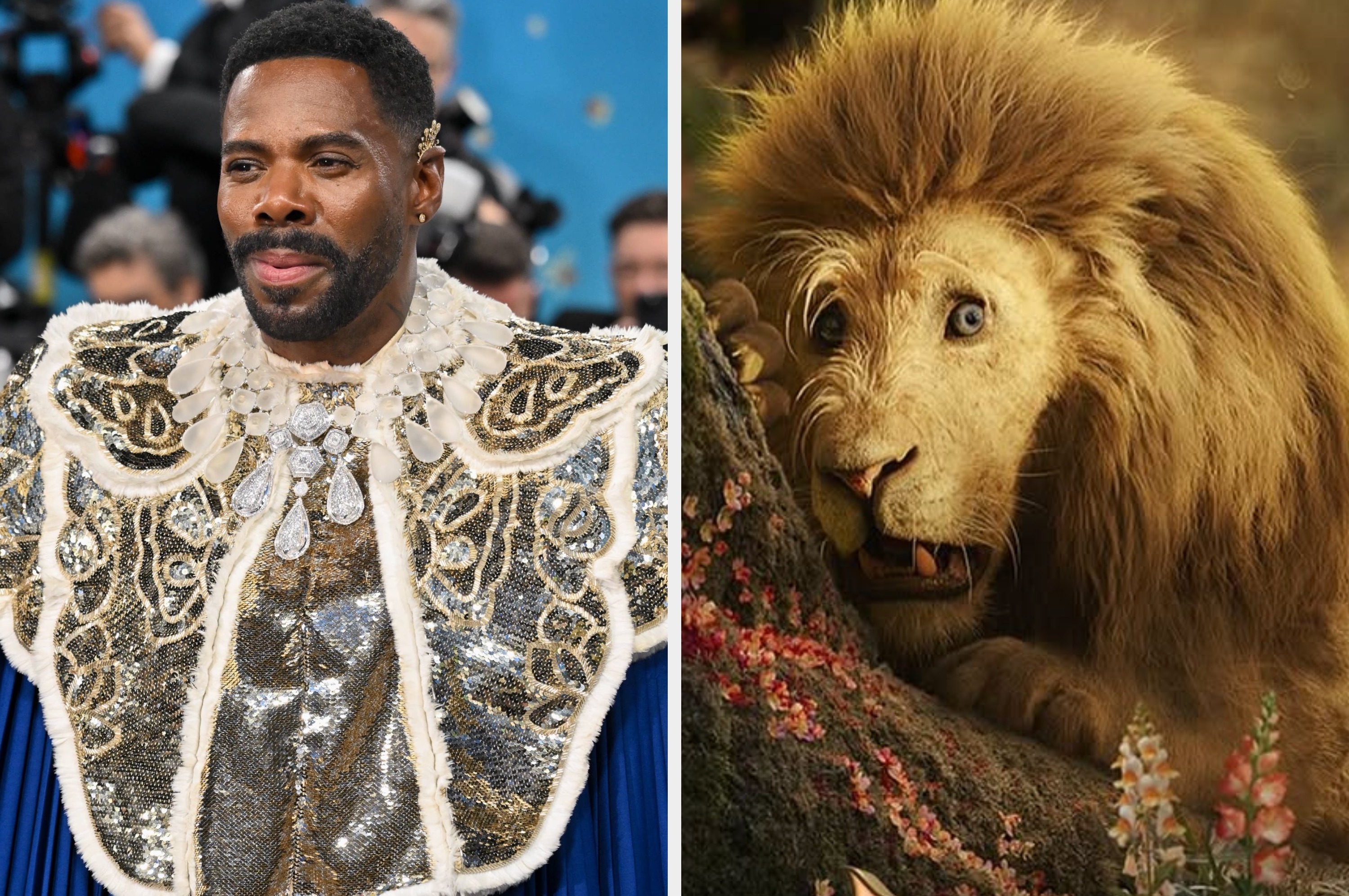 Split image of a man in a bejeweled jacket and turtleneck on the left, and in a light suit and hat, smiling and holding a note on the right