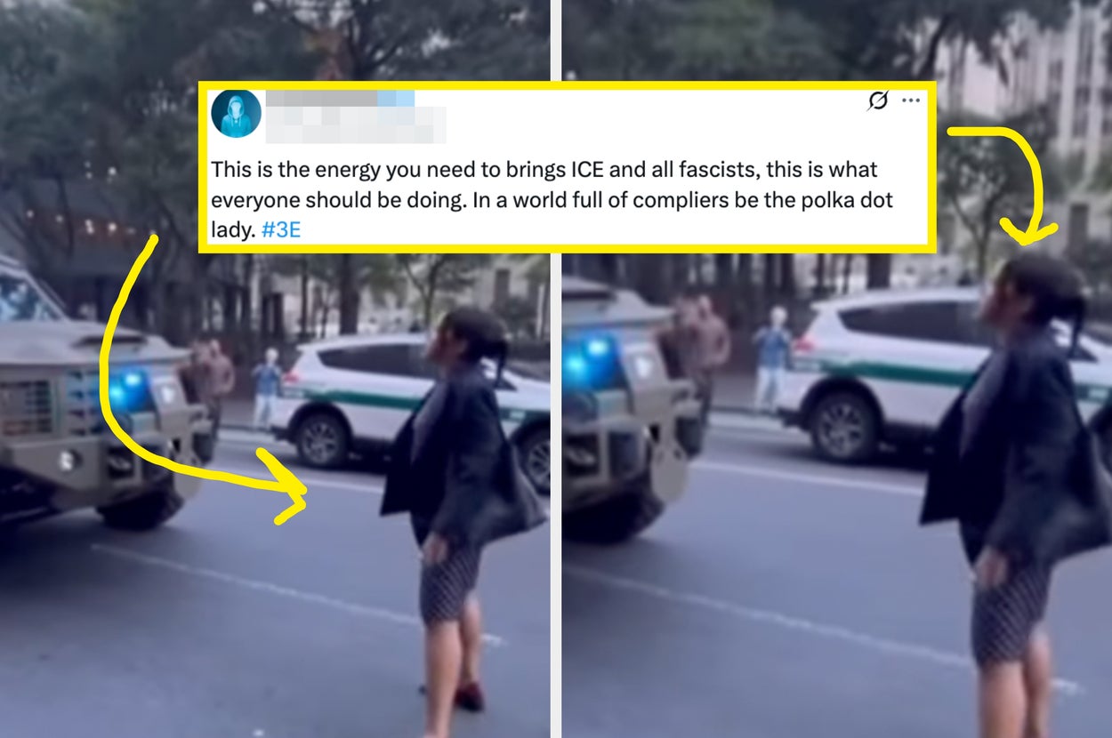 A person in a polka dot dress protests in front of a vehicle. Text emphasizes standing up against ICE and fascism, praising the protester's energy