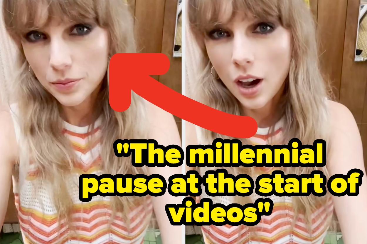 A person with long hair wearing a patterned top, featured with text: "The millennial pause at the start of videos."
