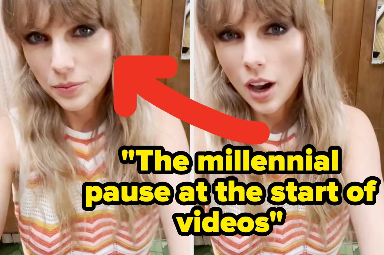 A person with long hair wearing a patterned top, featured with text: "The millennial pause at the start of videos."