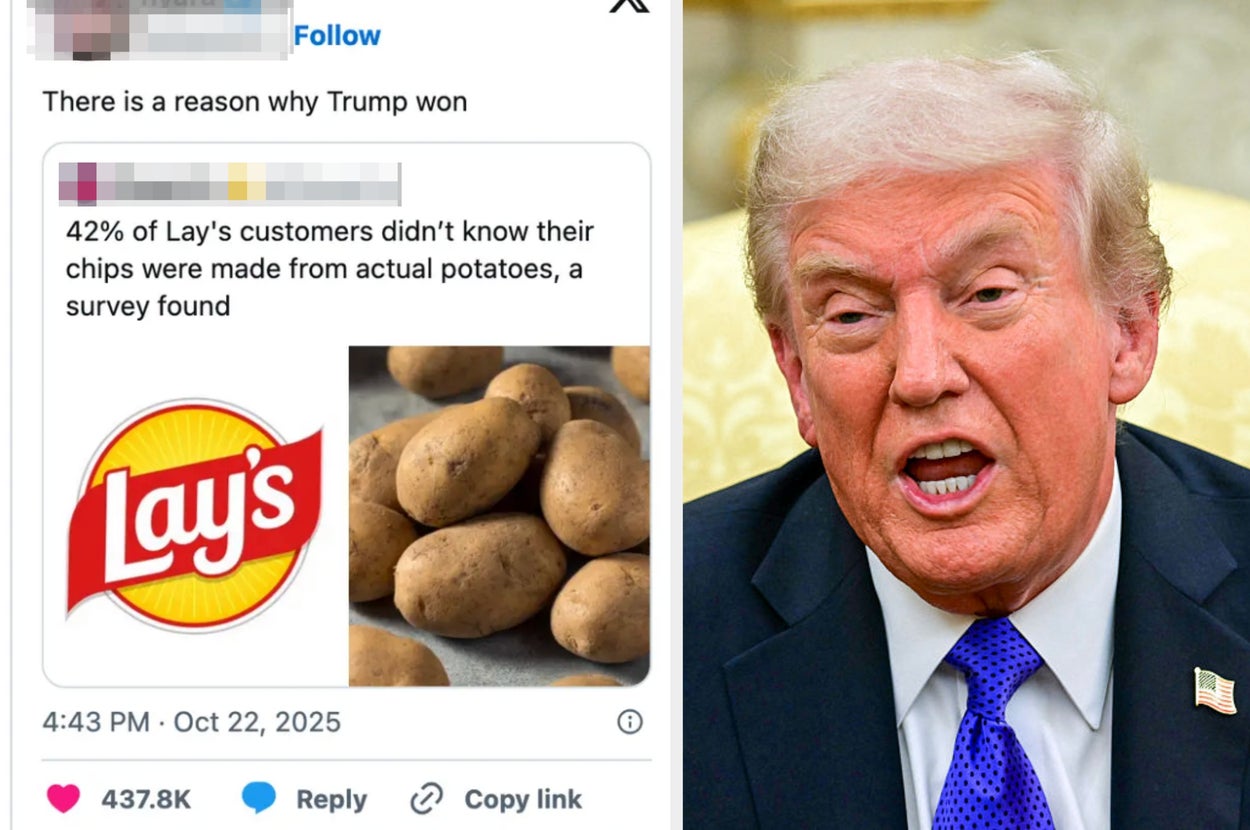 Image of a person speaking animatedly next to a tweet mock-up about Lay's customers not knowing chips are made from potatoes