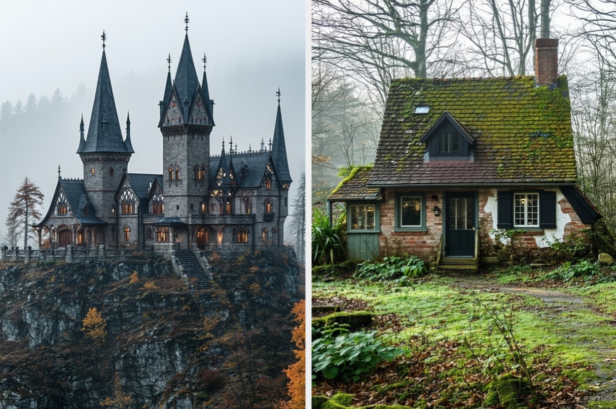 Gothic castle on a cliff next to a cozy, rustic cottage in a forest setting
