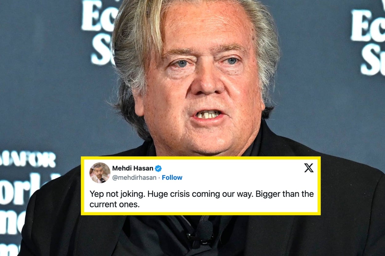 Steve Bannon speaking at an event with a tweet overlay reading, "Yep not joking. Huge crisis coming our way. Bigger than the current ones."