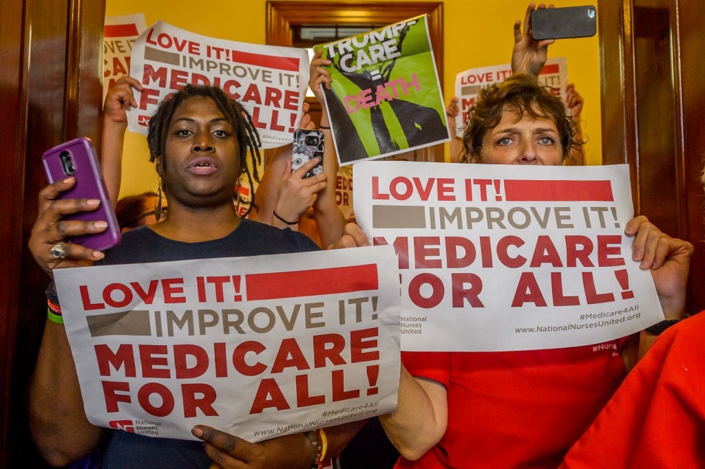 People astatine  a protestation  holding "Medicare for All" signs, advocating for healthcare reform