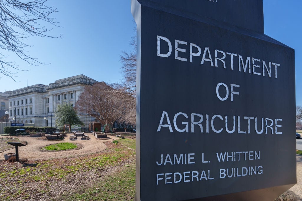 Department of Agriculture motion   astatine  Jamie L. Whitten Federal Building, with surrounding scenery  and trees successful  the background