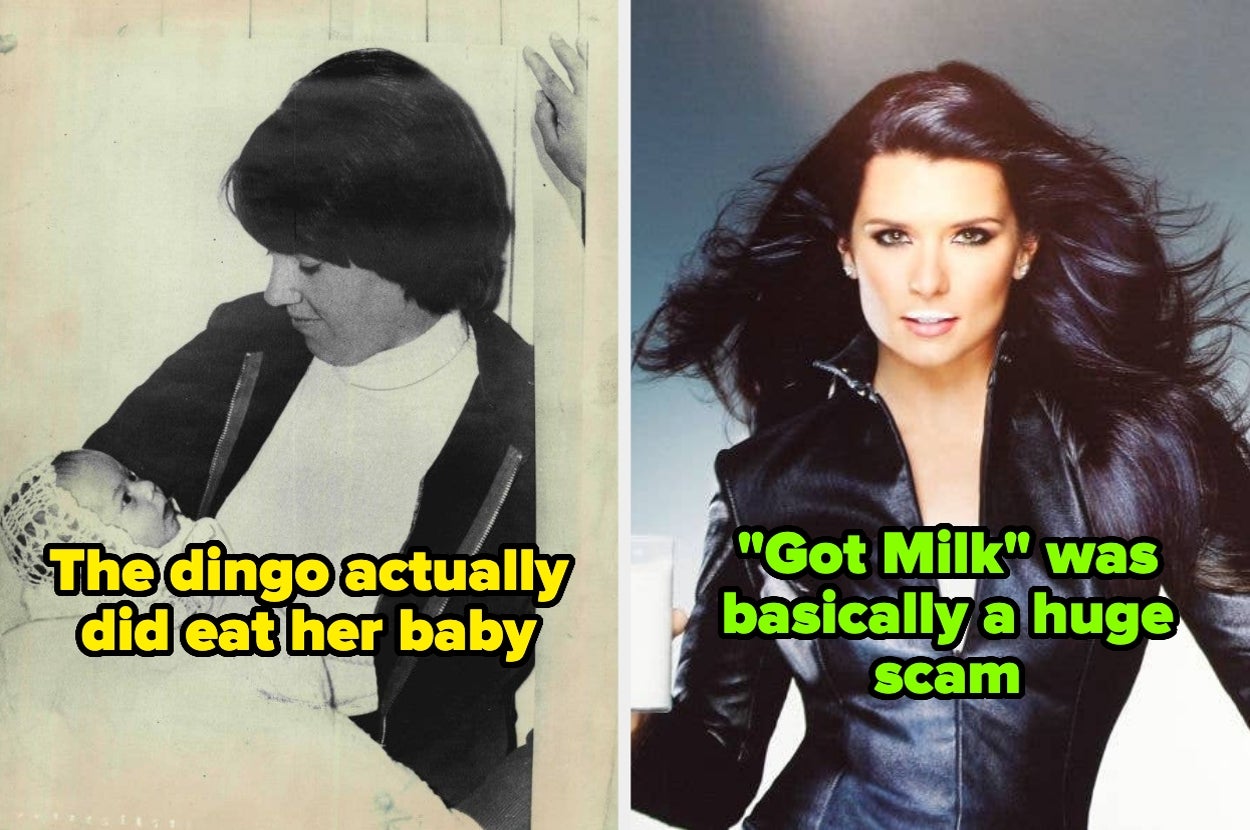 On the left, a woman looks at a baby with text: "The dingo actually did eat her baby." On the right, a woman with flowing hair and text: "'Got Milk' was basically a huge scam."
