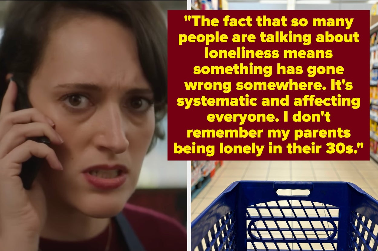 Person on the phone looking concerned; empty shopping cart in a grocery store aisle