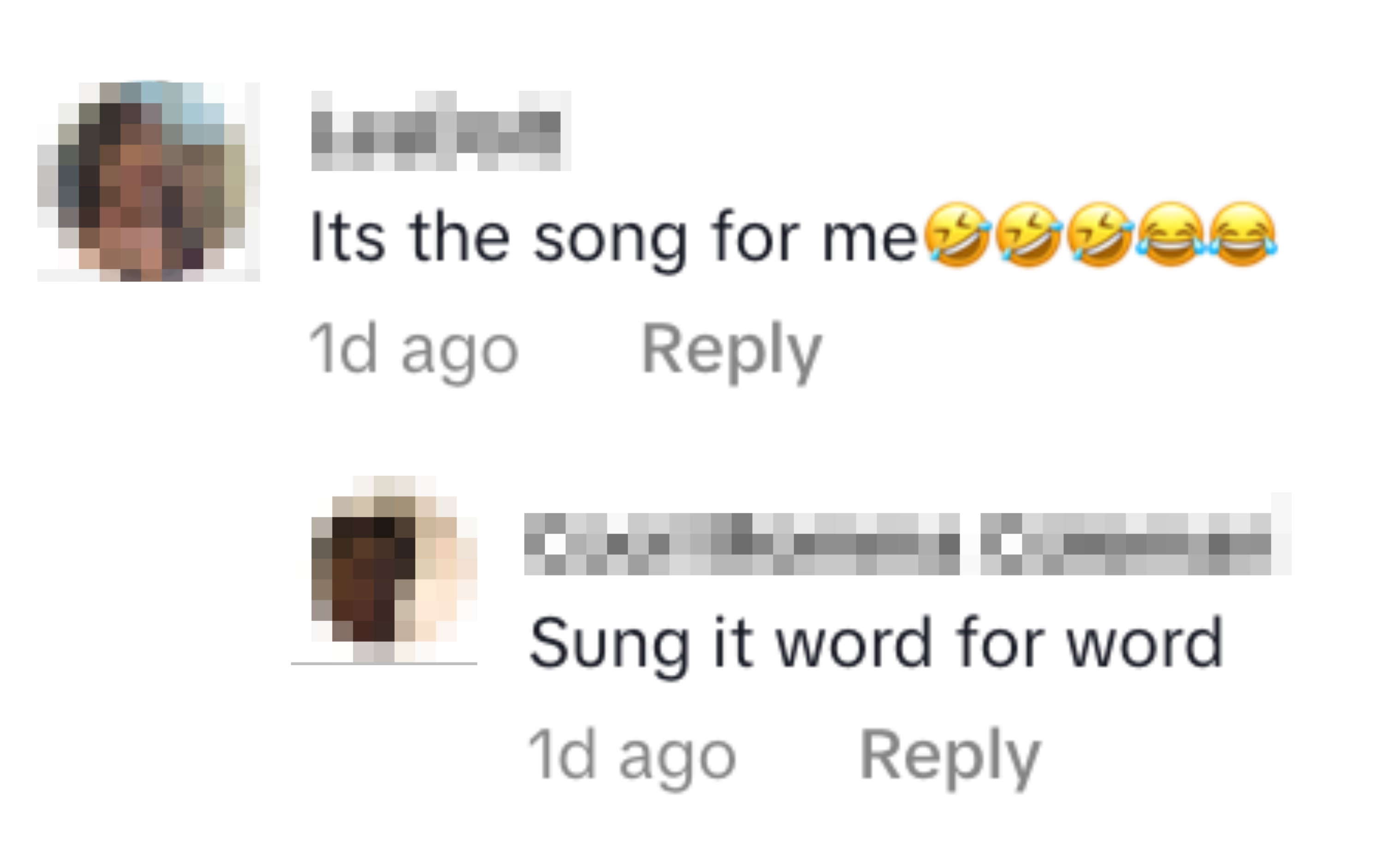 Social media replies: One user comments on a song, another agrees, noting it was performed word for word