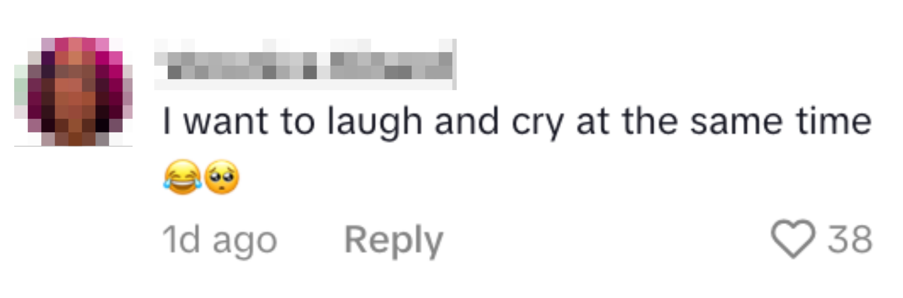 Comment from Veronica Kinard: "I want to laugh and cry at the same time" with laughing and teary-eyed emojis. 38 likes