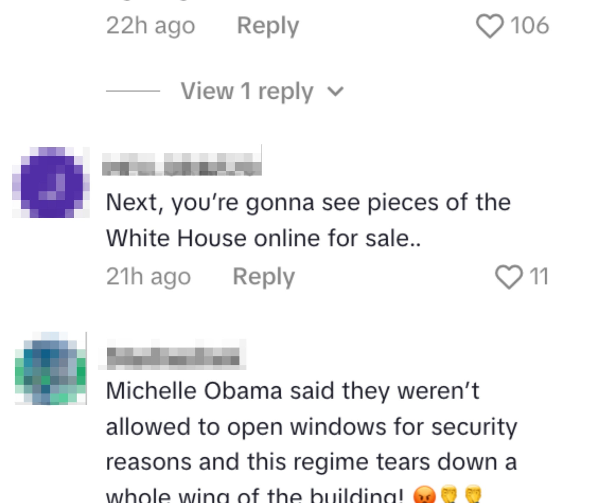 Social media comments discussing Jasmine and security measures at the White House, mentioning Michelle Obama and regime changes
