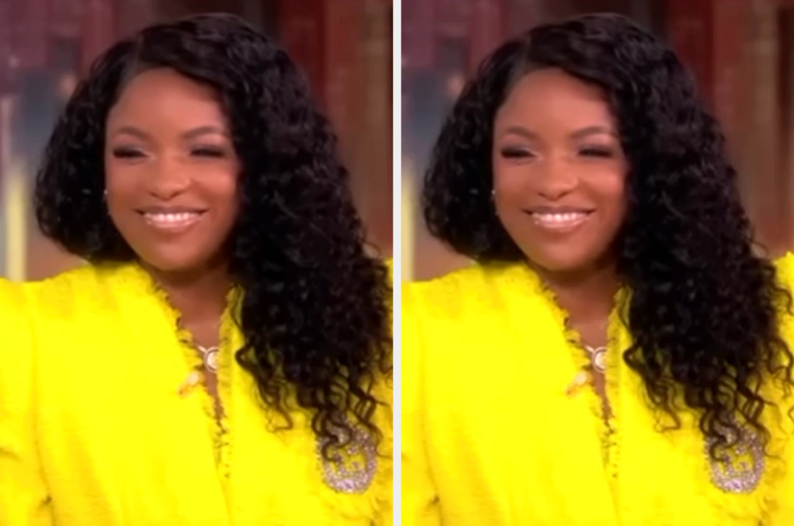 A smiling person with long curly hair wears a bright, textured jacket featuring decorative details