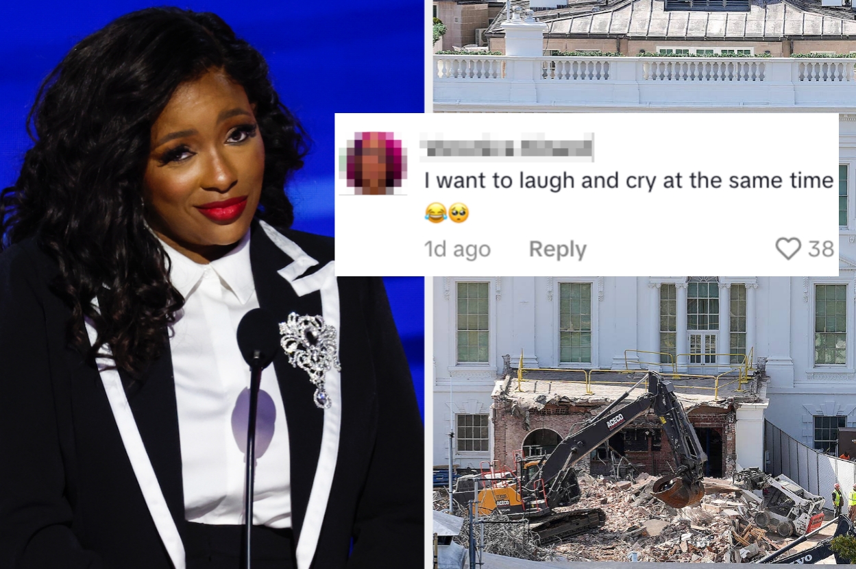 A speaker in a suit stands at a podium. A comment overlaid on a building demolition image reads: "I want to laugh and cry at the same time" with laughing emojis