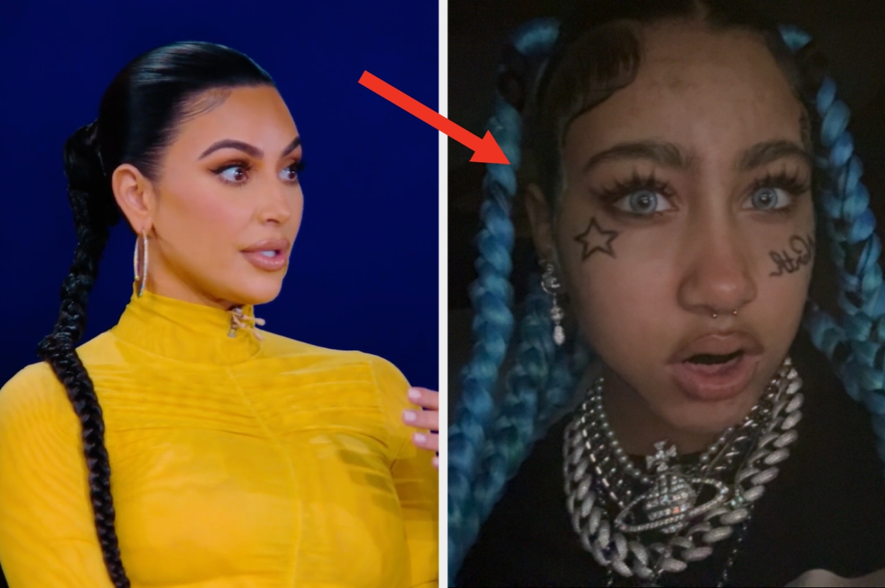Kim Kardashian in a turtleneck style dress with a sleek braid vs North West with fake face tattoos and piercings and chunky necklaces and braids