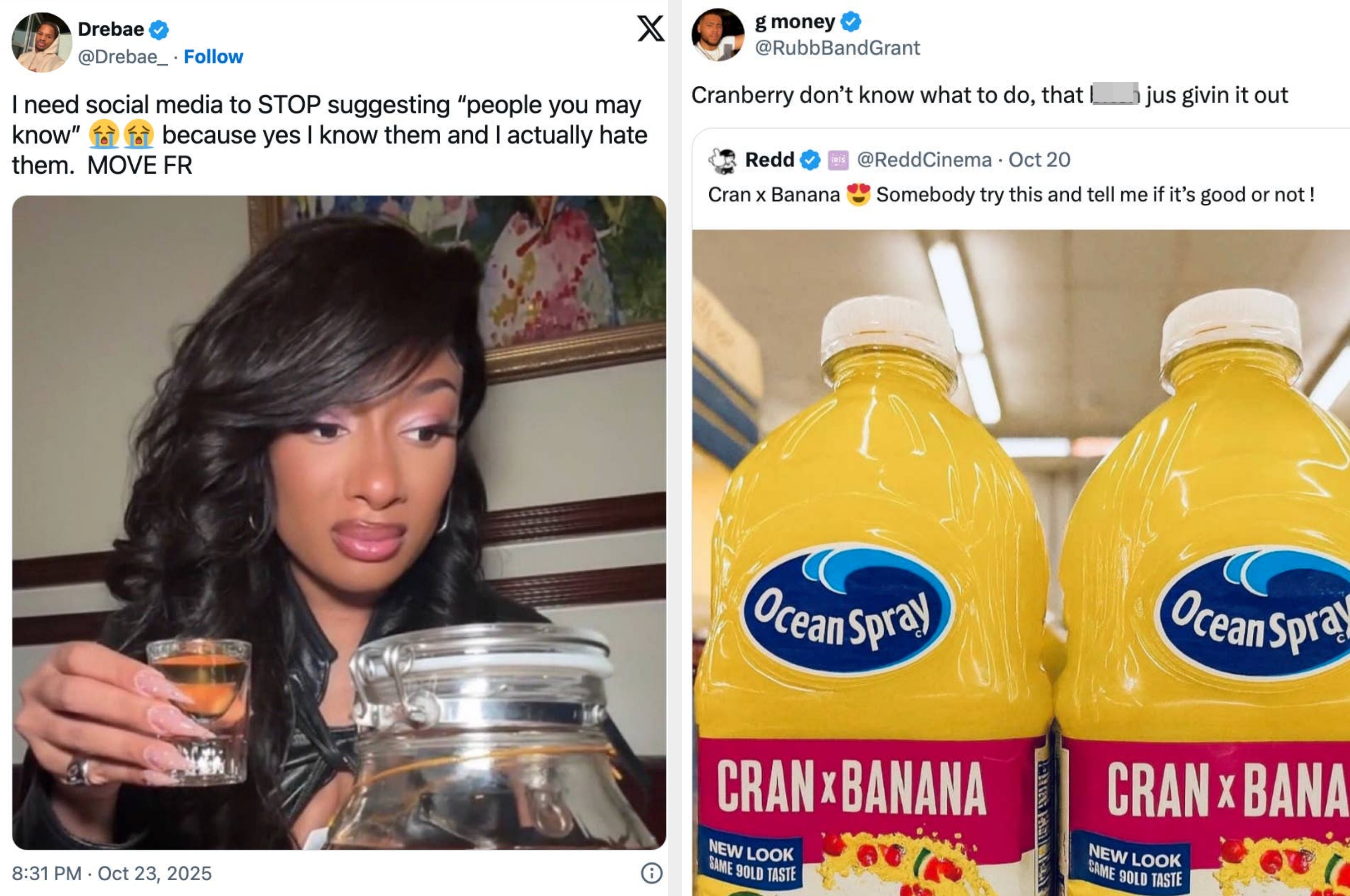 Split image: Left shows a person reacting skeptically to a jar. Right shows two bottles of Cran x Banana juice