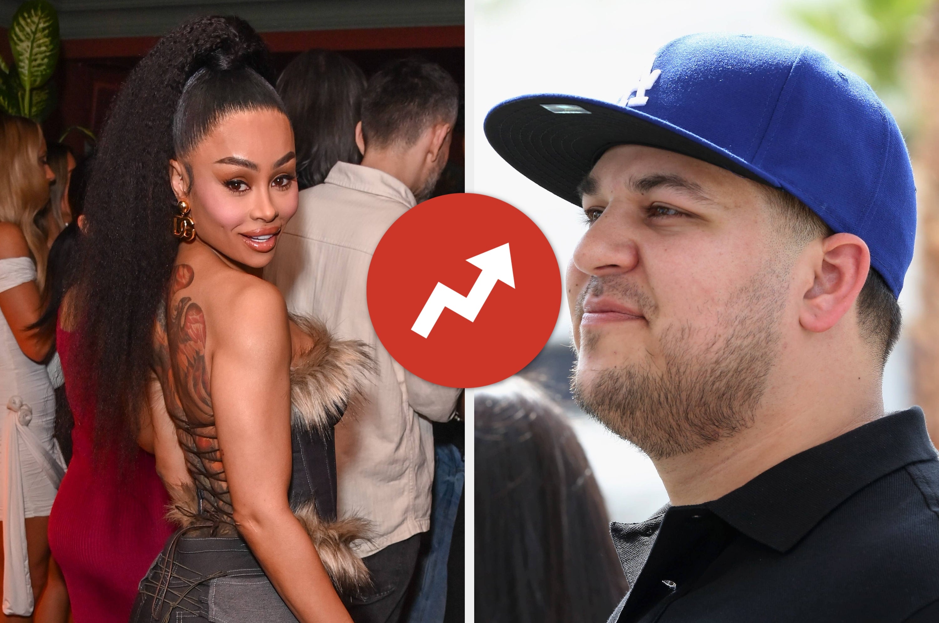 Blac Chyna in a strapless denim top that exposes her back tattoo and jeans vs Rob Kardashian in a shirt and baseball cap looks thoughtful