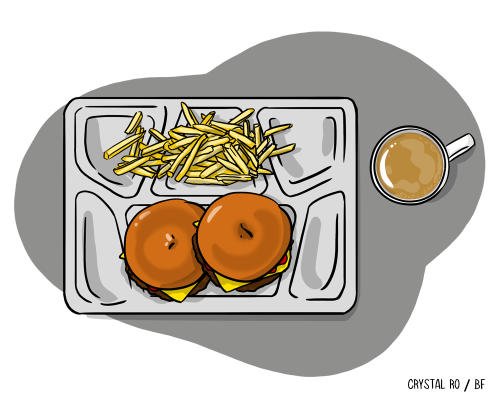 A cafeteria tray holds two cheeseburgers and fries, accompanied by a mug of coffee