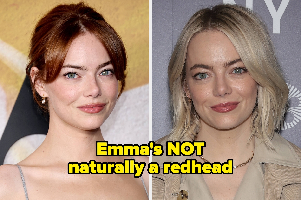Split image of Emma Stone with red and blonde hair, text: "Emma's NOT naturally a redhead"