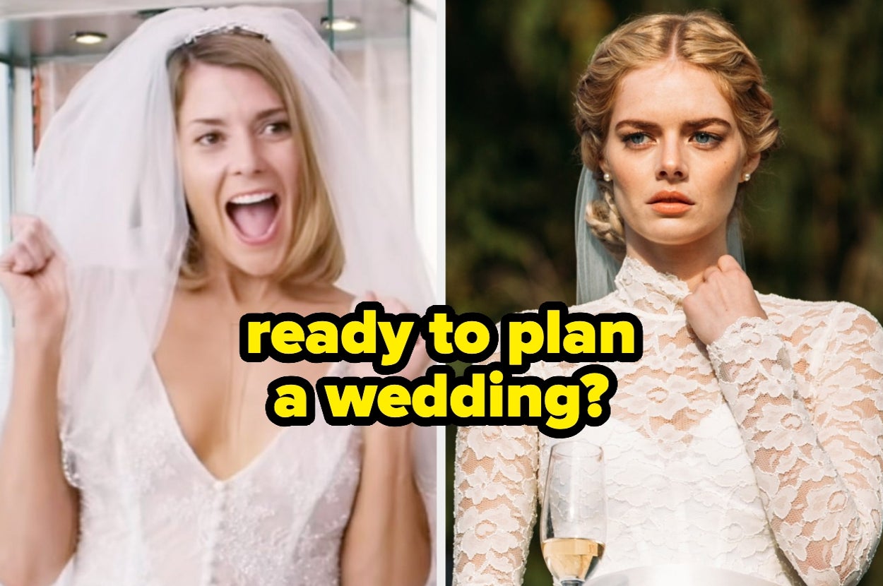 Split image of brides in wedding dresses, text overlay: "ready to plan a wedding?"