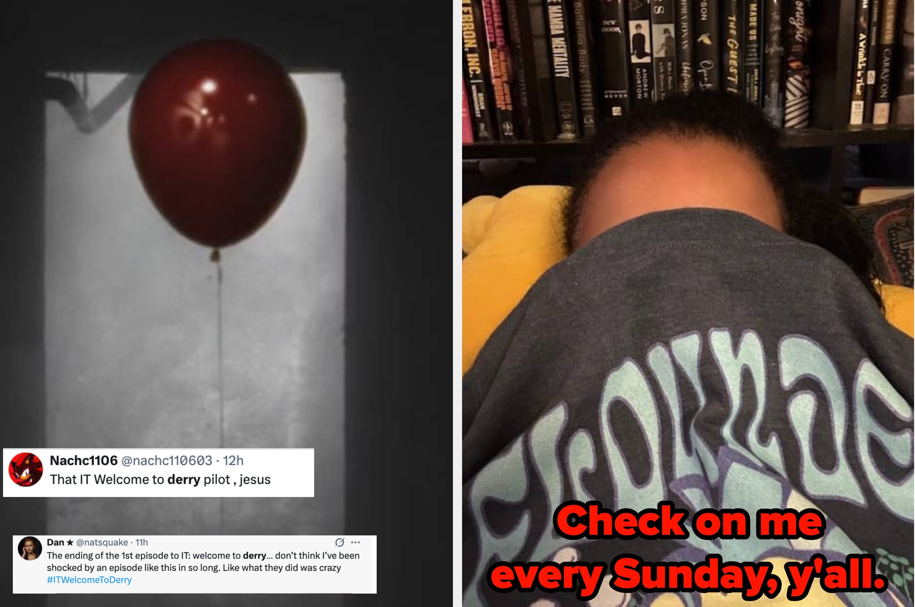 A red balloon floats indoors; a person on a couch is half-covered by a "Thomas" shirt. Text says, "Check on me every Sunday, y'all."