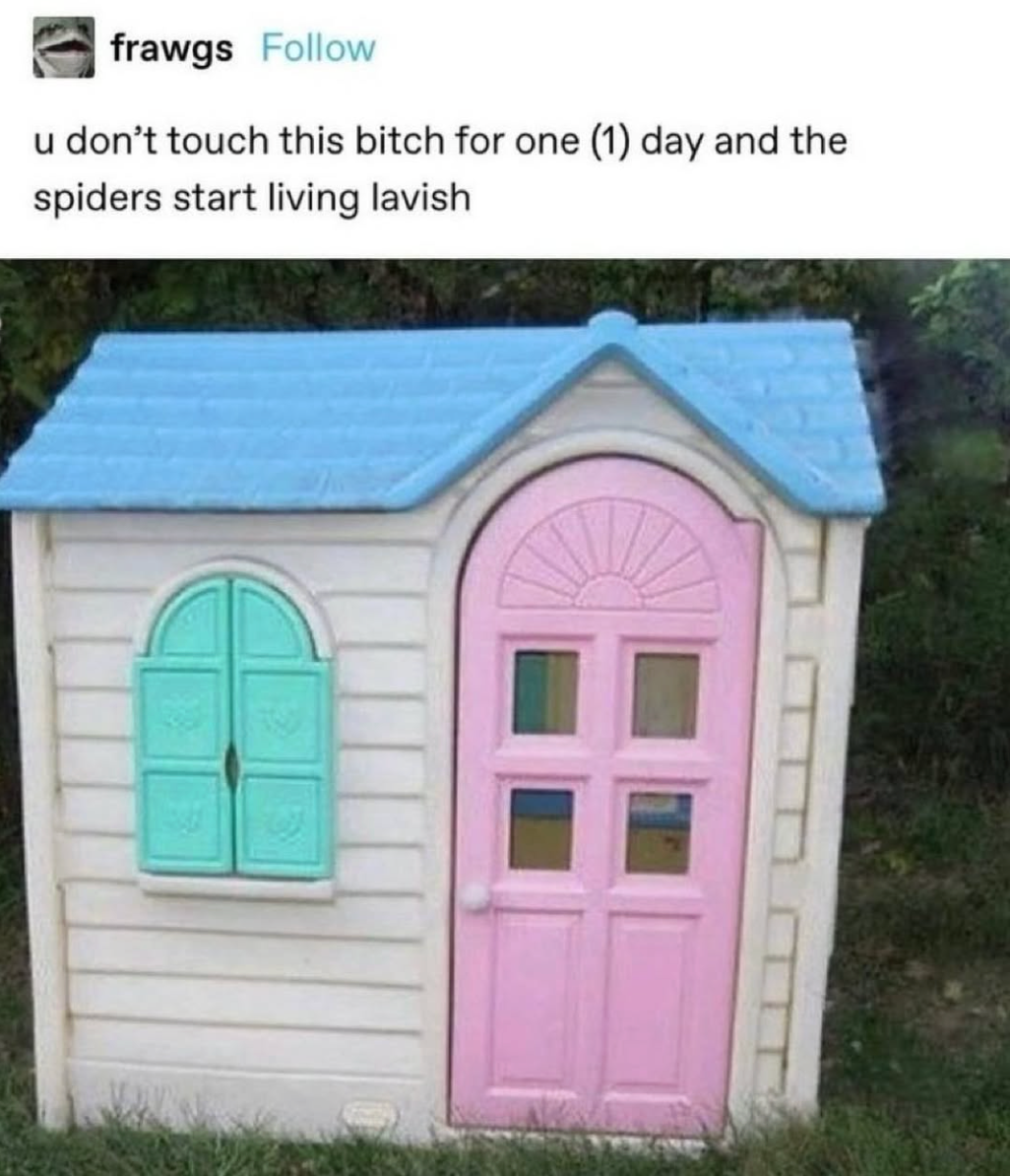 A small playhouse with shutters and a pink door. Text above jokes about spiders taking over after a day of neglect