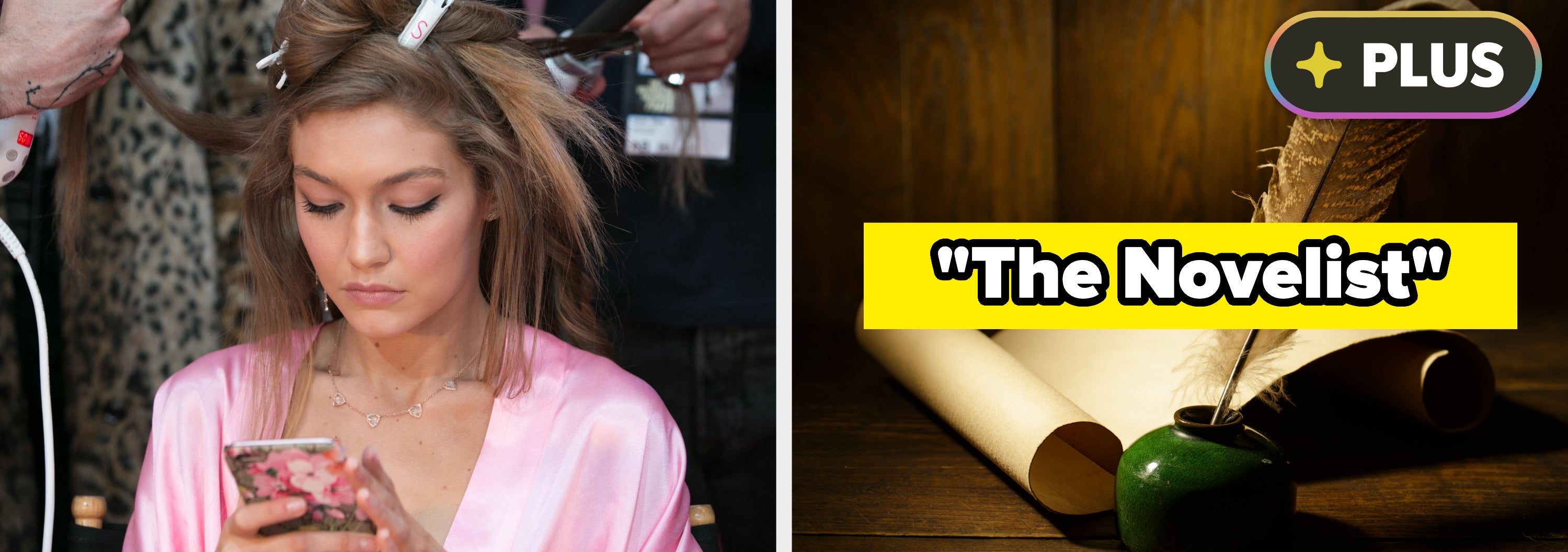 Person with hair curlers using a phone, next to a quill pen, ink, and parchment with text reading "The Novelist."