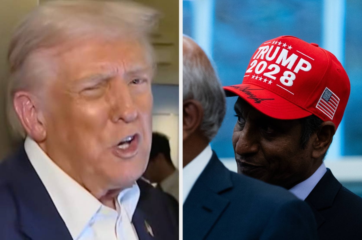 Two people side by side: one speaking, other wearing a "Trump 2028" cap at an event