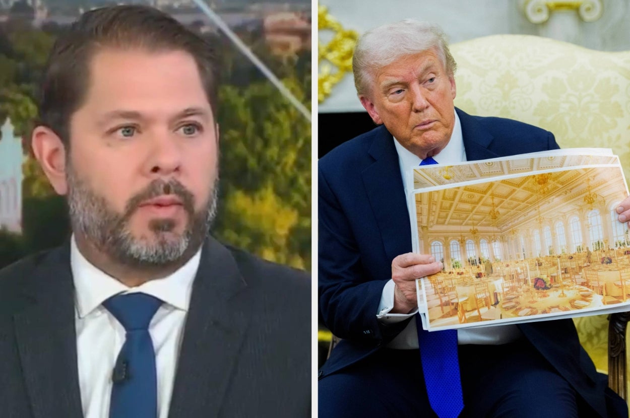 Split image: Left, a man with a beard in a suit on a TV show. Right, another man in a suit holds a photo of an opulent room