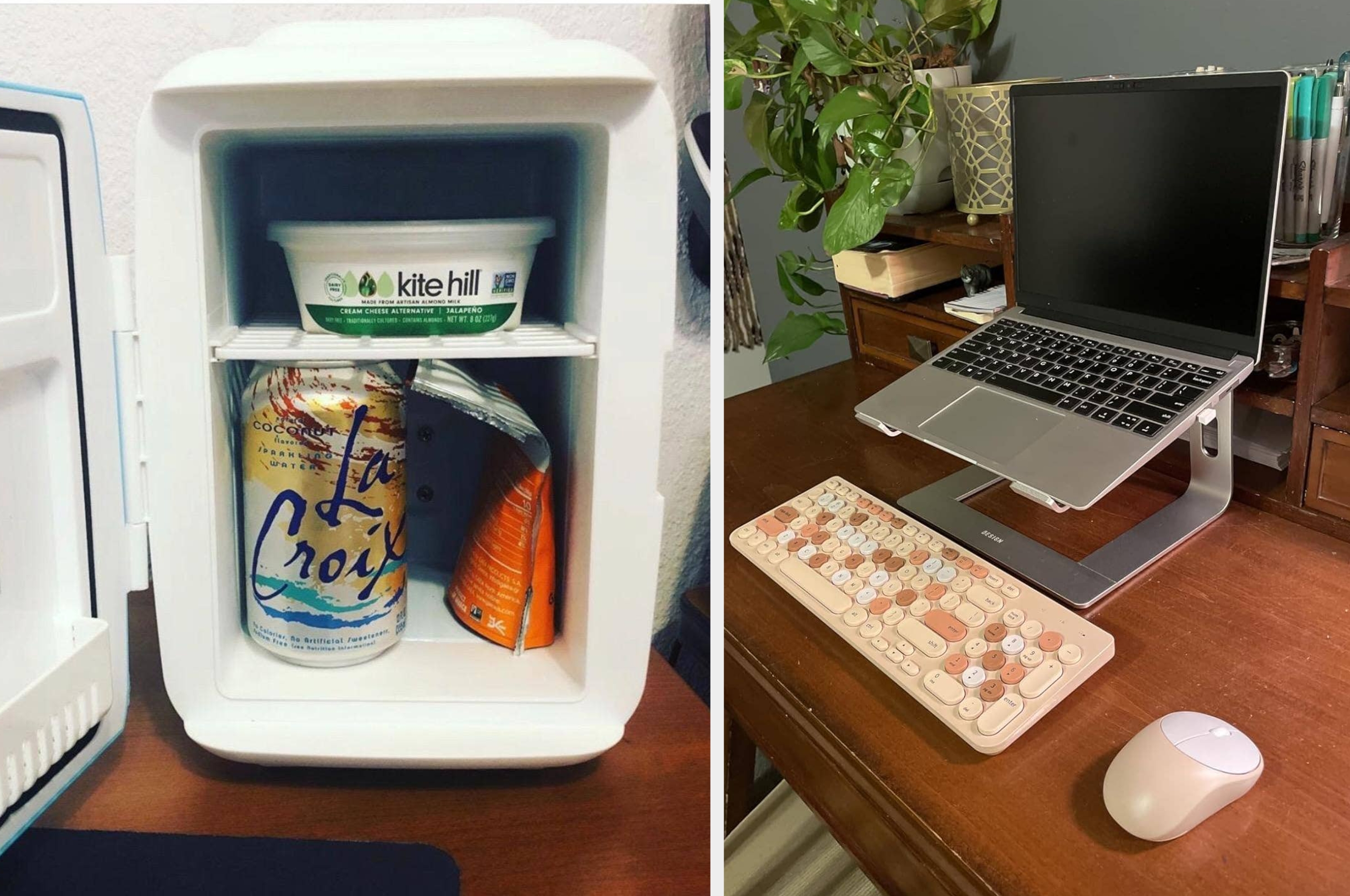 Mini fridge with yogurt and drinks; stylish desk setup with laptop on a stand, mechanical keyboard, and mouse