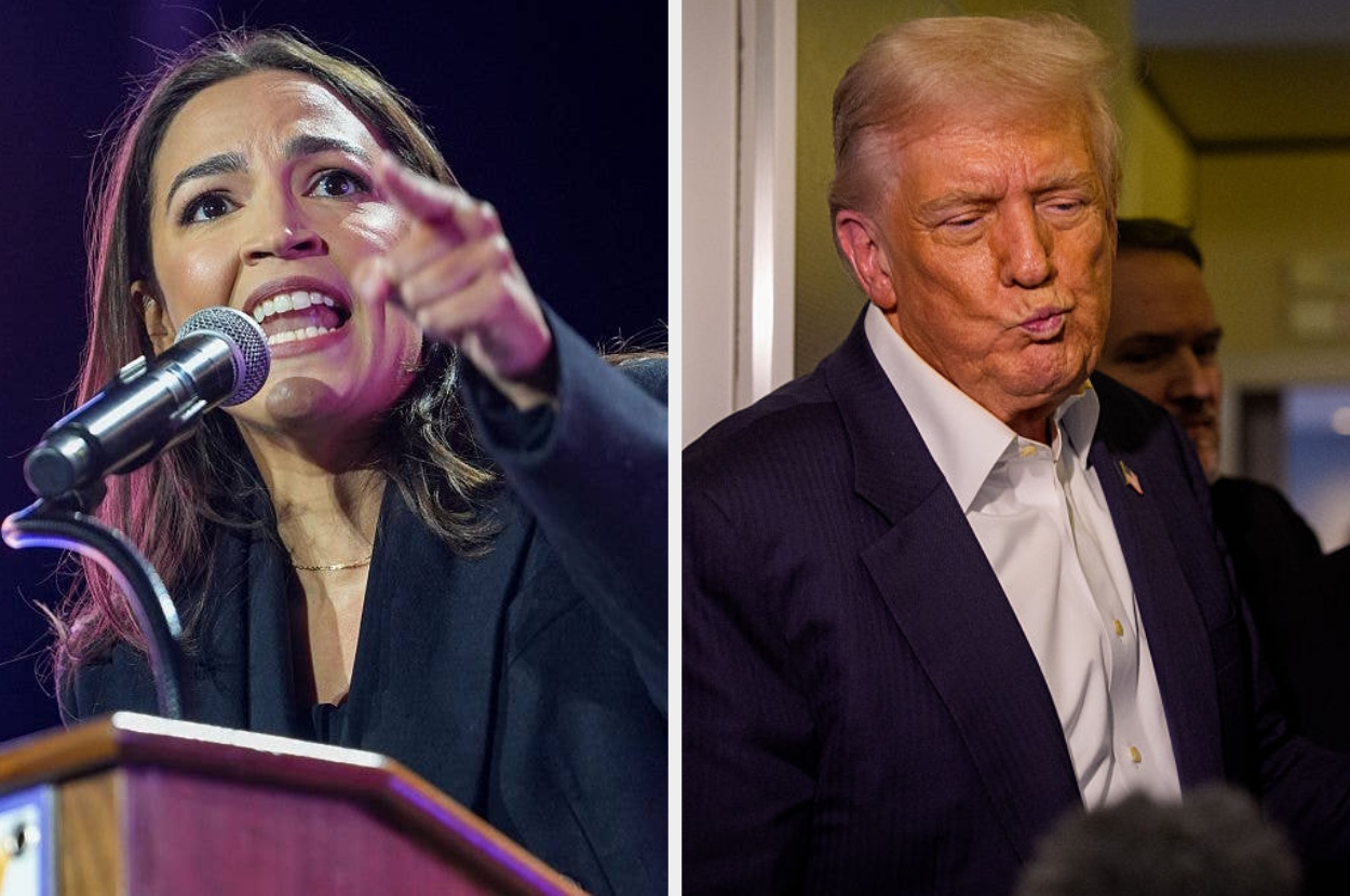 Two separate images: On the left, a woman speaks passionately at a podium. On the right, a man in a suit with a pouting expression