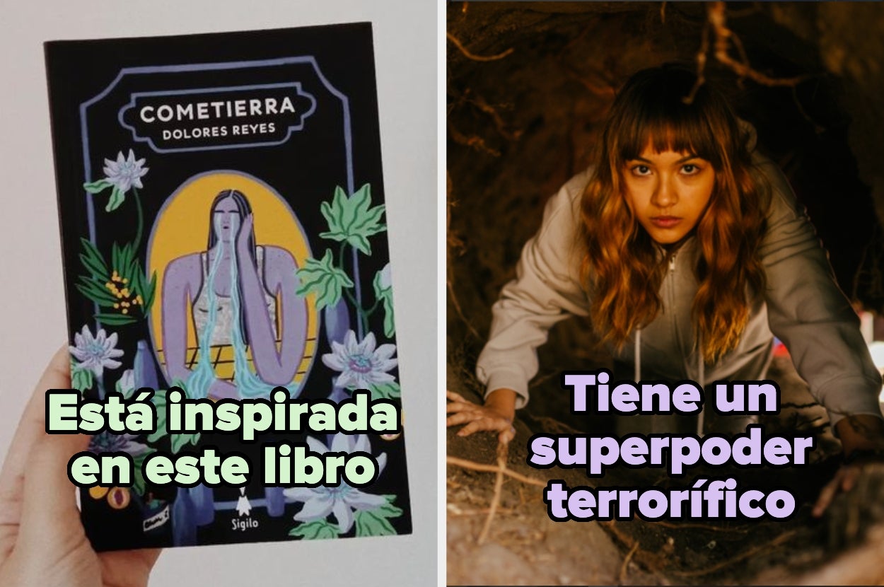 Portada del libro "Cometierra" junto a una imagen de una persona en una cueva con un texto sobre un superpoder aterrador