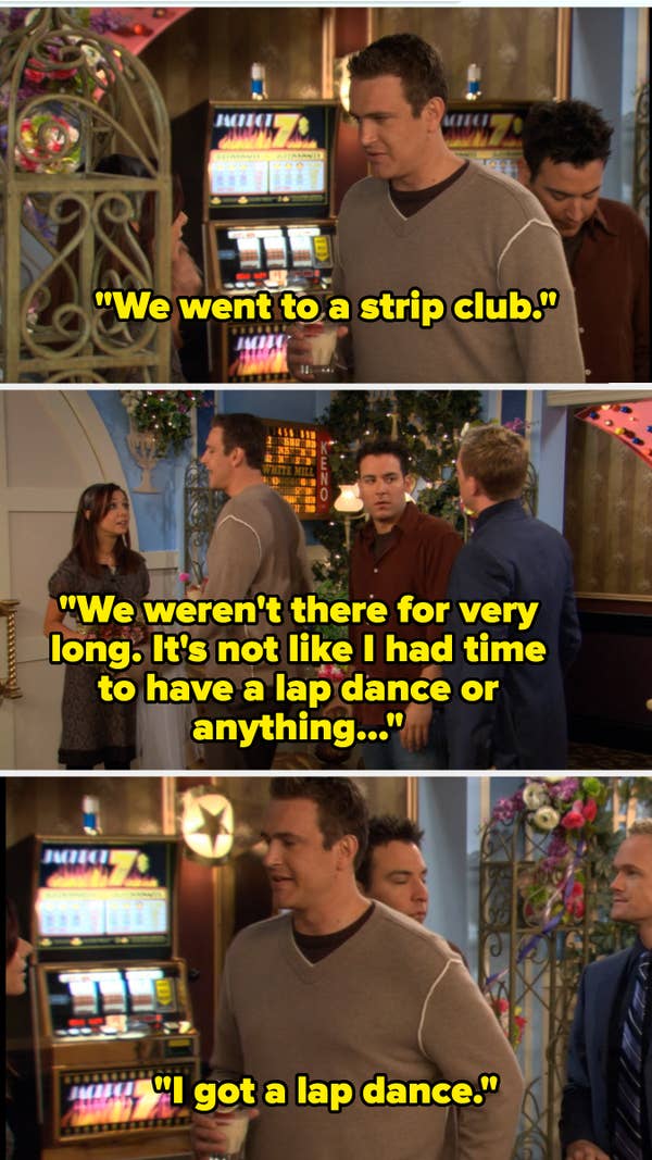 Three men discuss their night at a club; one admits to getting a lap dance, surprising the others