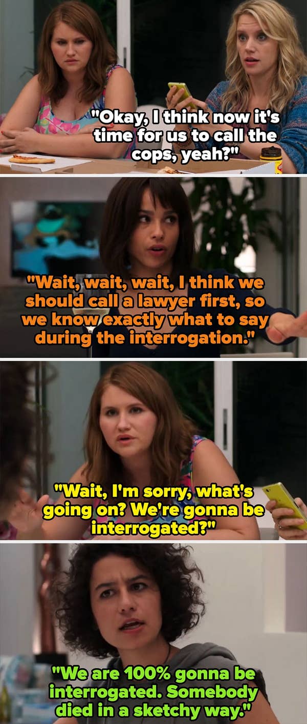 Four women sitting at a table discuss calling the cops and the possibility of being interrogated